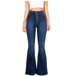Vibrant miu high-waist button-fly flare-leg stretch fit jeans